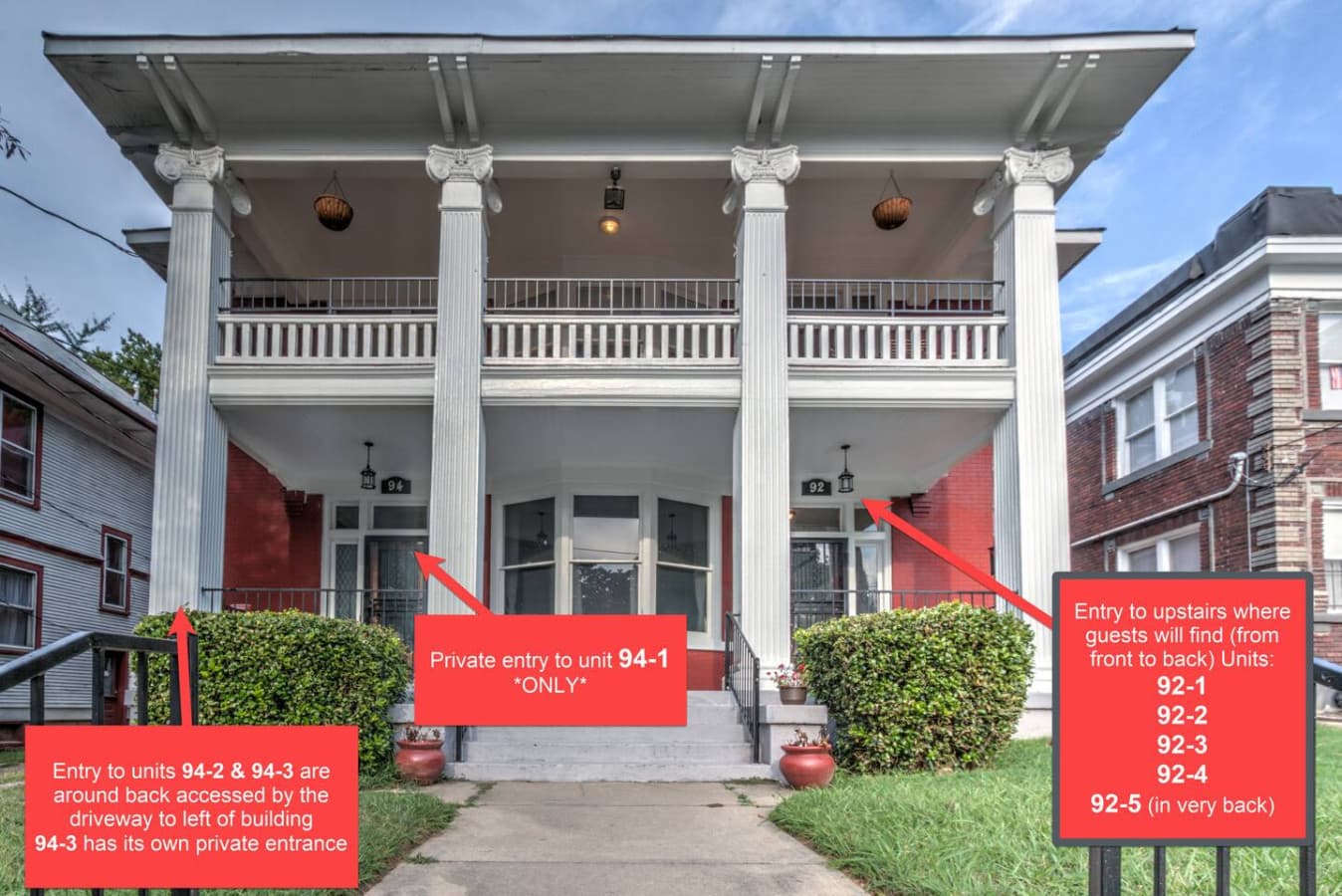 Street view of the building — your apartment is downstairs with the left entry door. Yours is on 94-2.