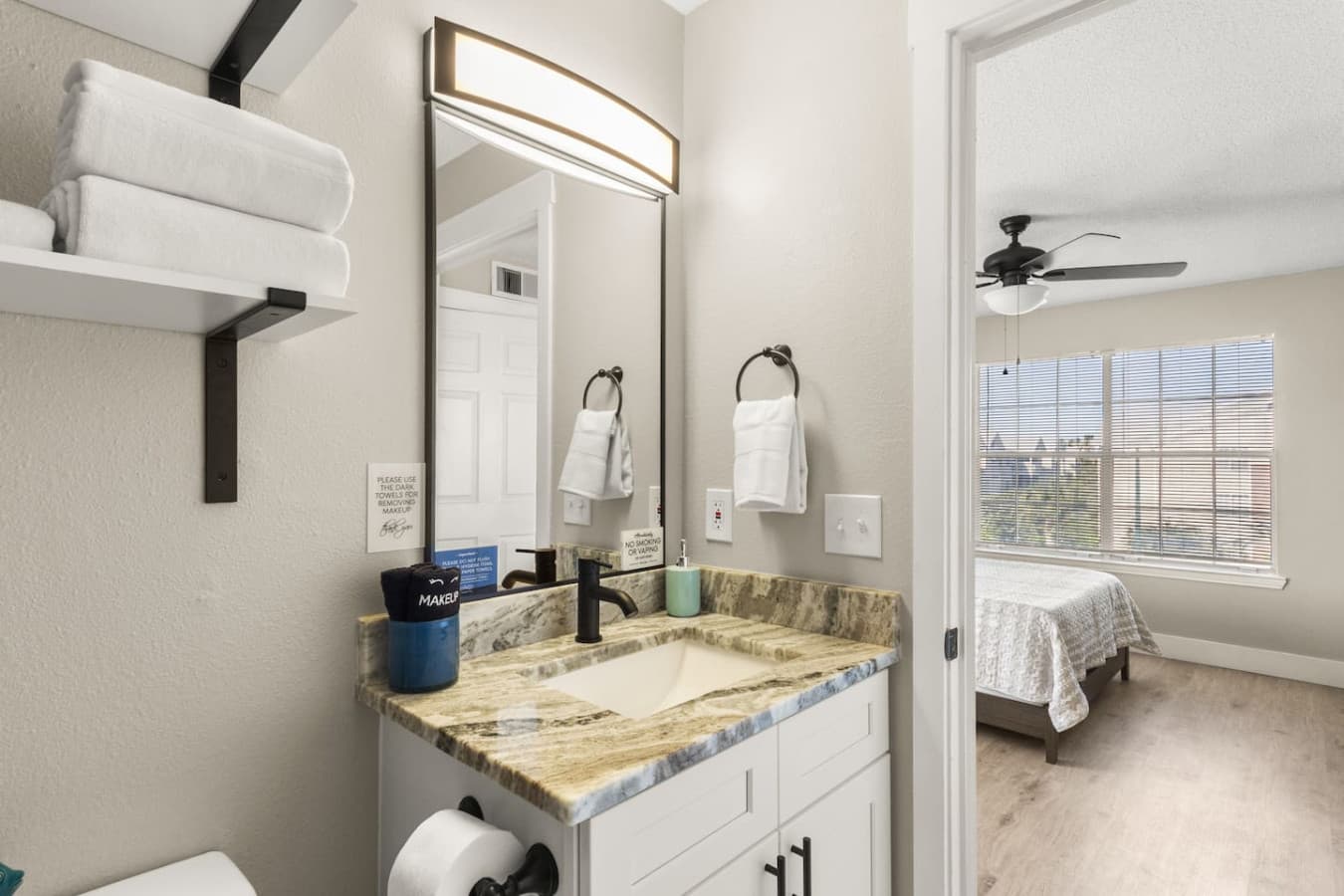 A bathroom to the queen bedroom that features all the essentials, for a refreshing experience.
