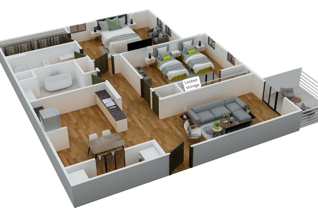 A 3D layout that provides an overview of the floorplan, but the furniture placement may vary.