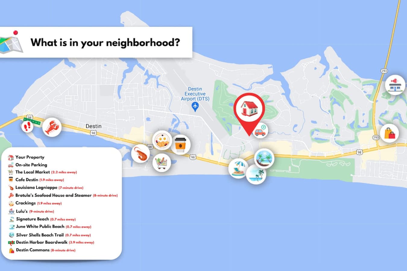 Explore the neighborhood with ease! Check out our top recommendations on this handy map to discover the best dining, shopping, and attractions in the area.
