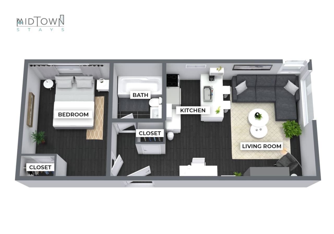 Get a better picture of the space with our floor plan. Please note: Furniture may varyEnvision your stay with this floor plan perfectly designed to make you feel right at home, with a seamless flow from the kitchen to the living area.