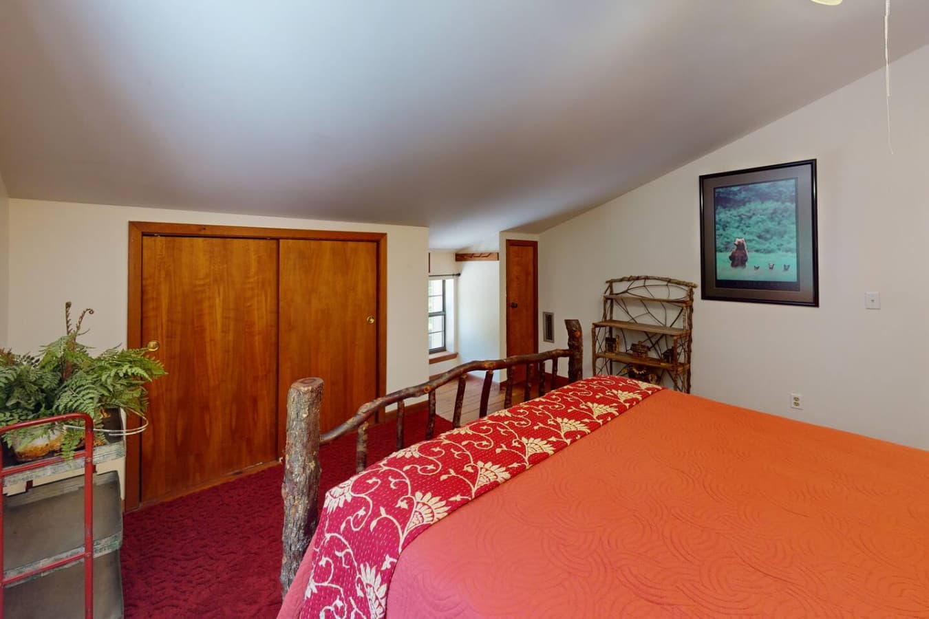 Cozy, cabin-style decor with warm lighting and serene views.