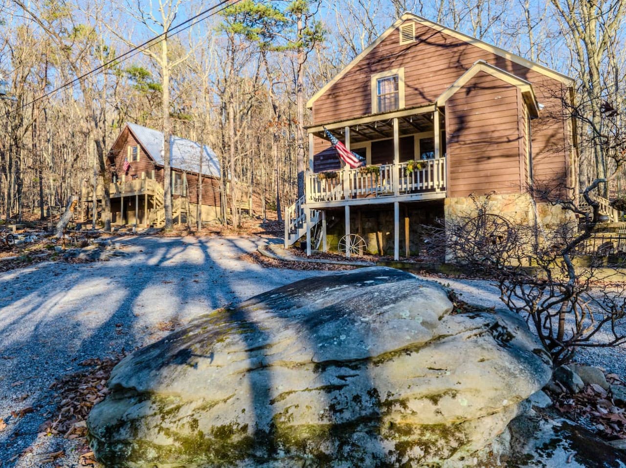 Rock Haven on the right. 
Bird's Eye View on the left (another vacation rental home on the property. Available to rent together.)