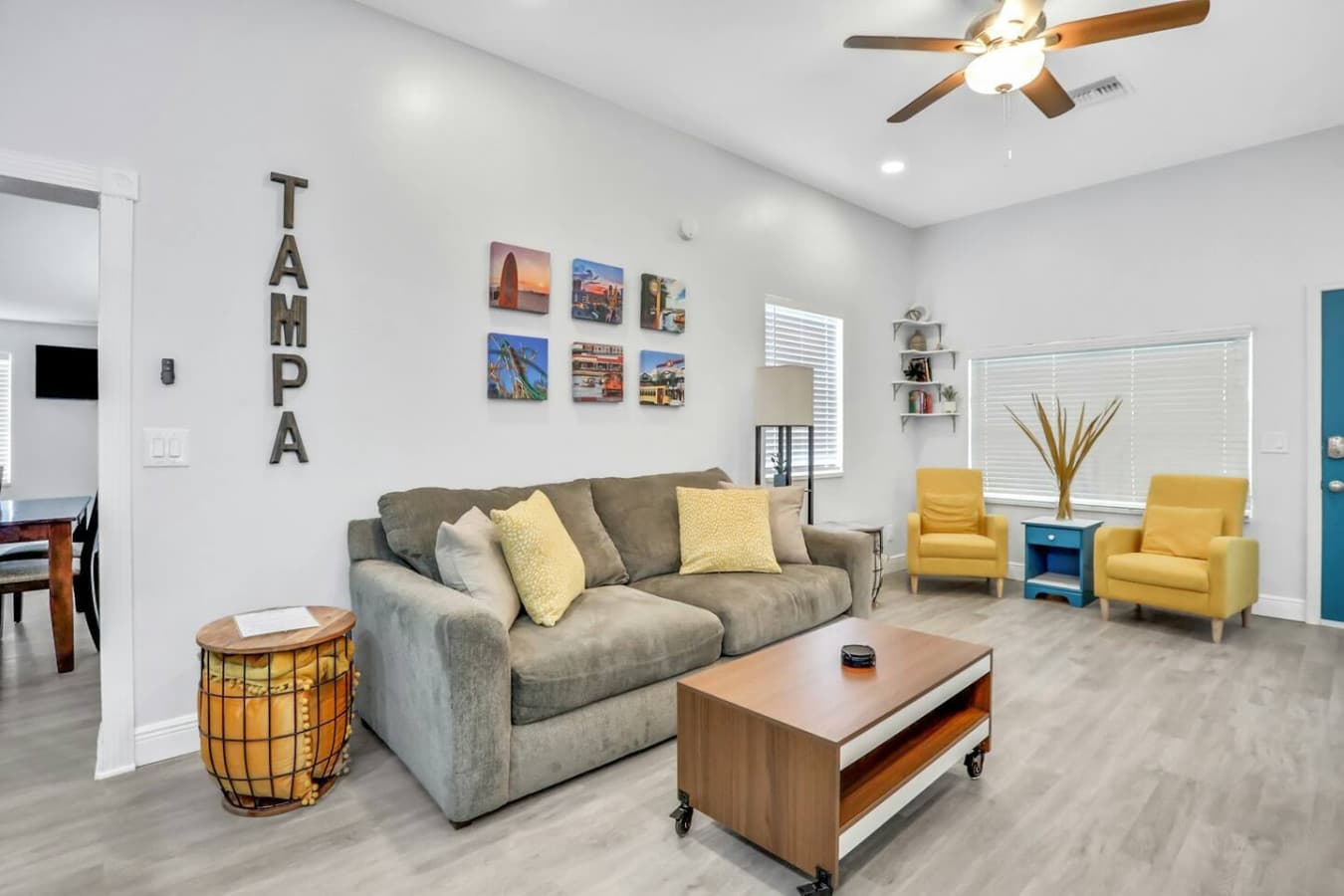 A bright, airy space with pops of color—perfect for relaxing or catching up on your favorite shows.