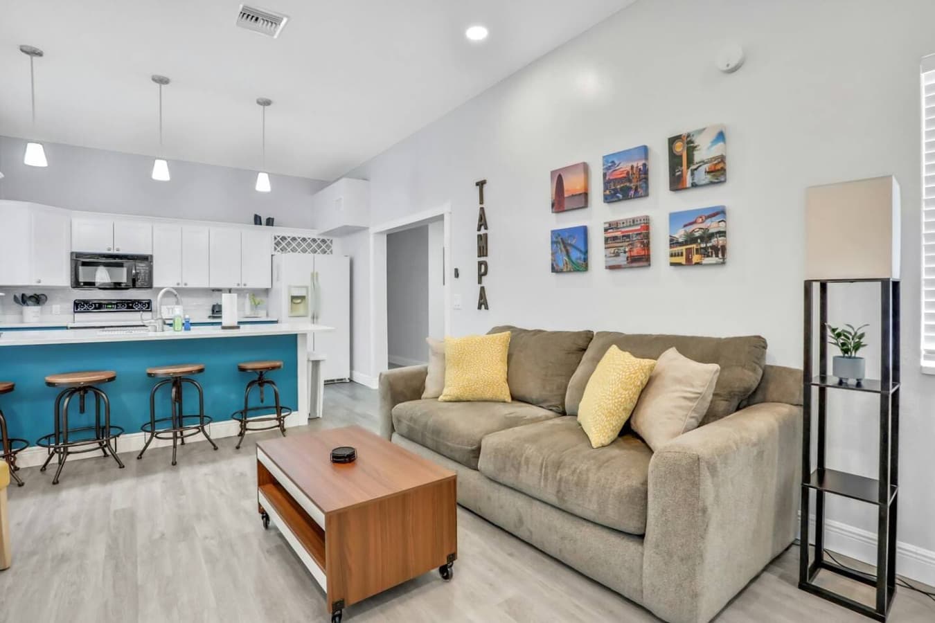 Kitchen meets living room in cheerful harmony.