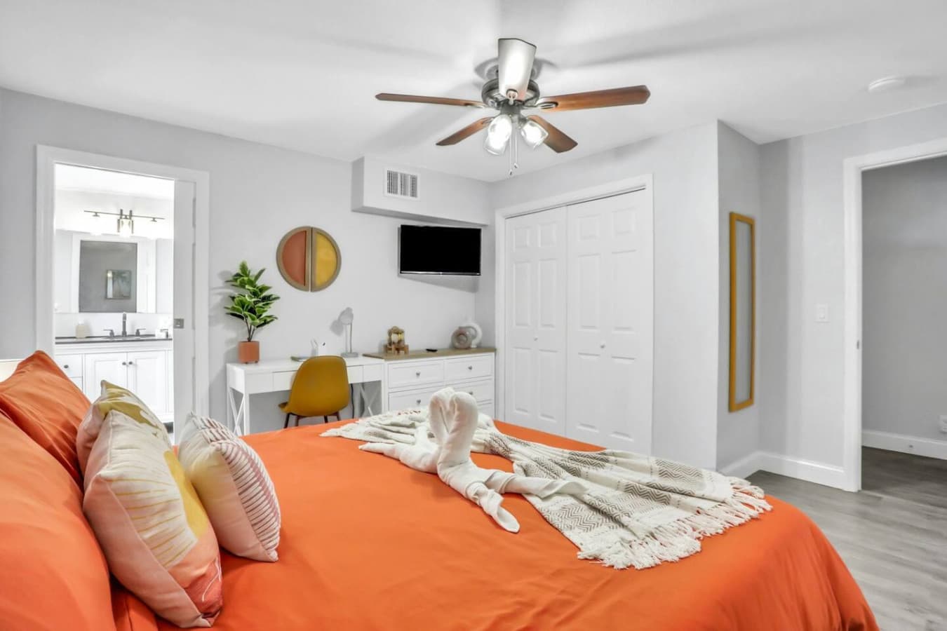 A king bed, desk, and cheerful décor make this room your personal Tampa retreat.