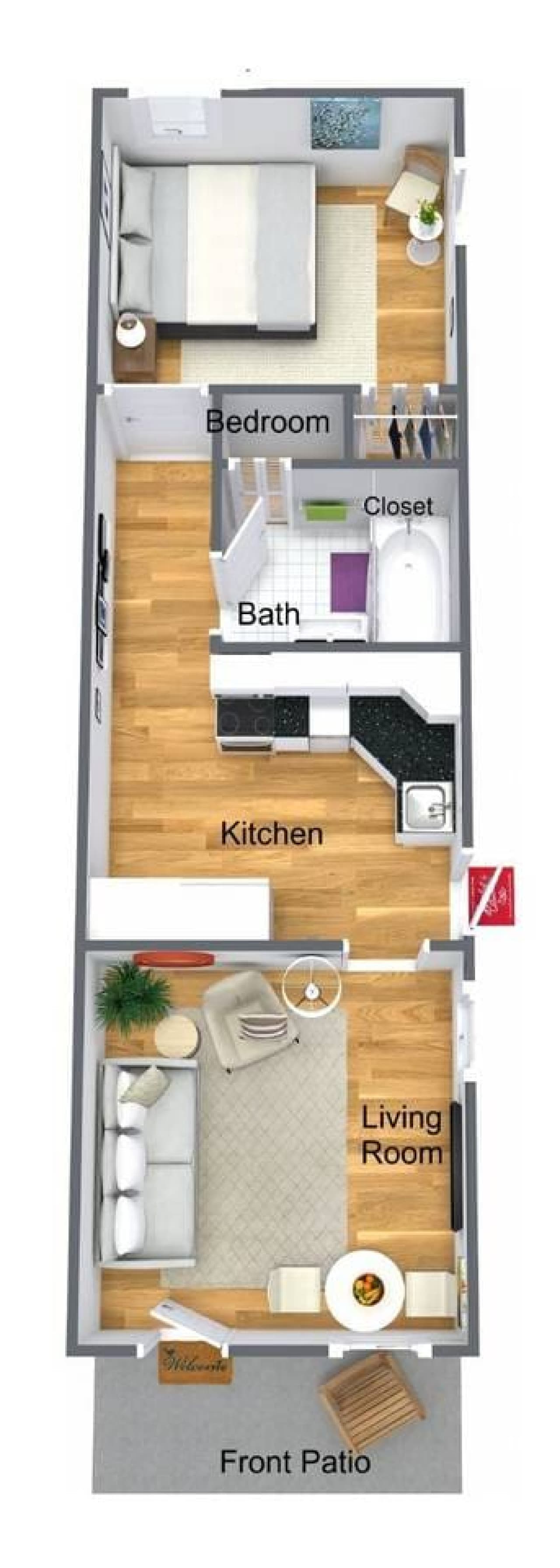My best attempt at a 3d rendering of the apartment. It's not showing the exact furniture and all the pieces but this is more or less the layout of the apartment