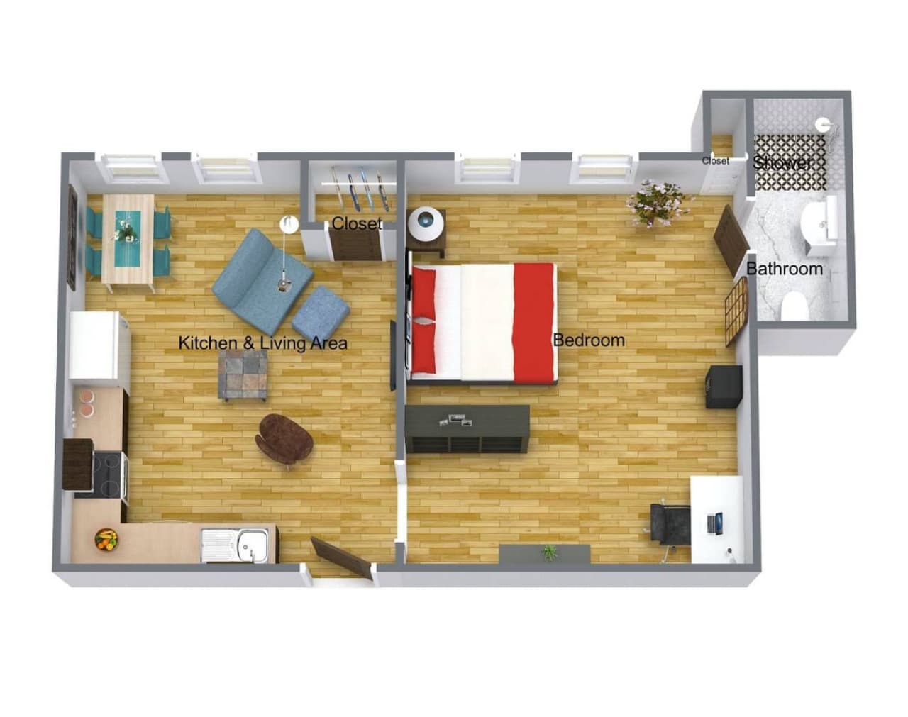 Here is the general layout of the apartment. Please use the other pictures to get an idea of the actual furniture; the pieces shown here are only meant to illustrate the layout and are not exact.