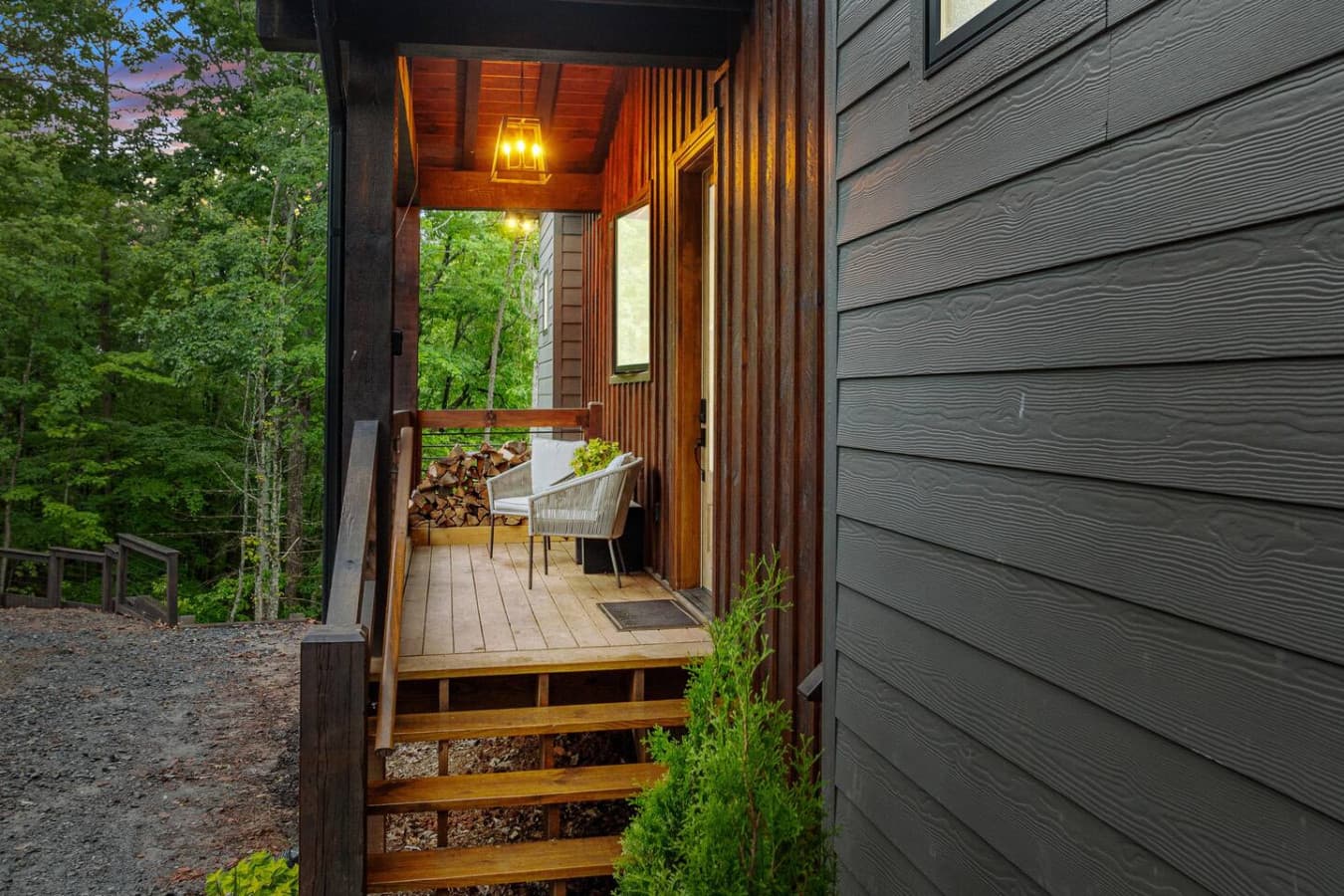 A perfect spot to relax and take in the fresh mountain air before you even enter the cabin. Welcome home.
