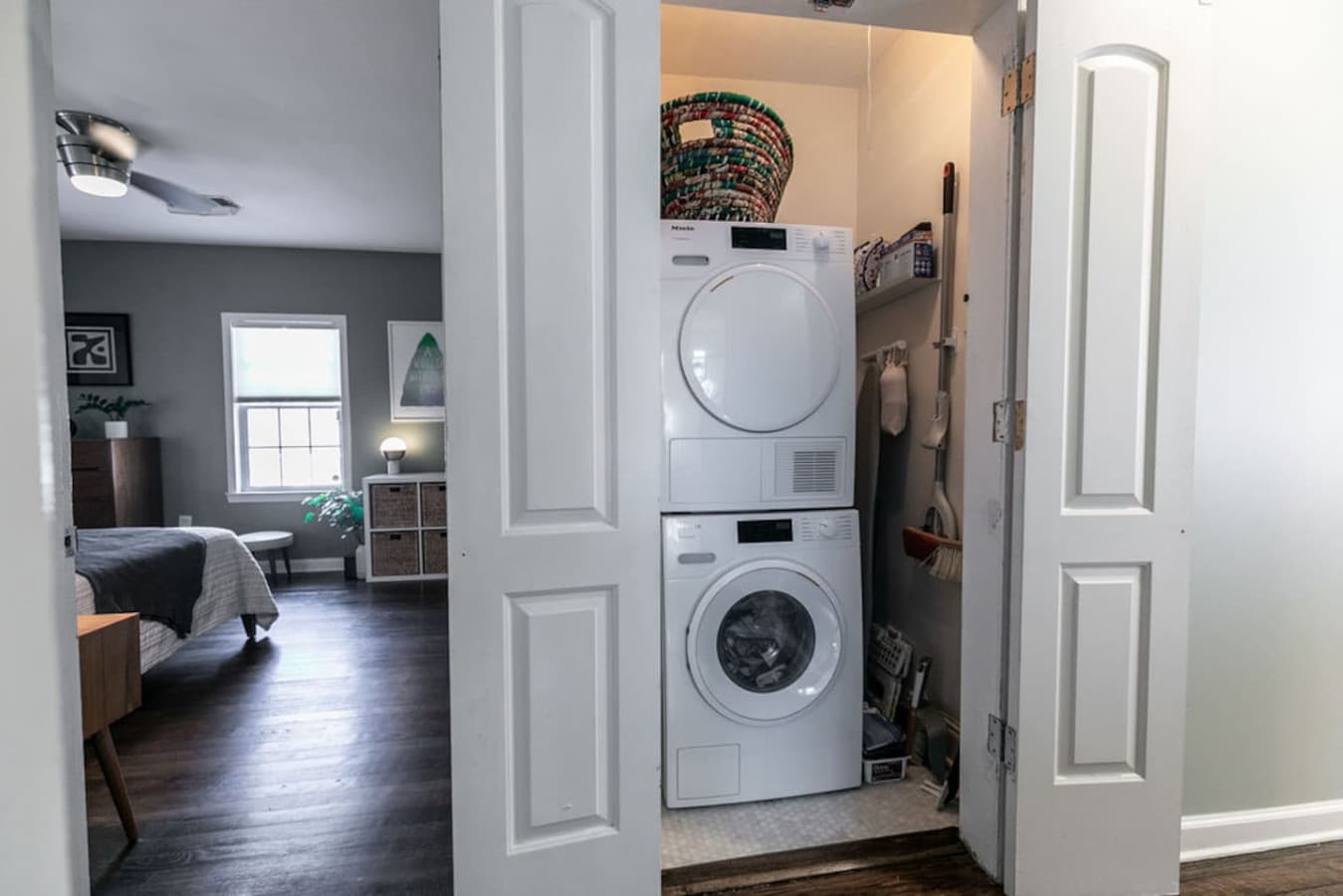 Convenience is key with this tucked-away, high-efficiency stackable laundry unit located right where you need it.
