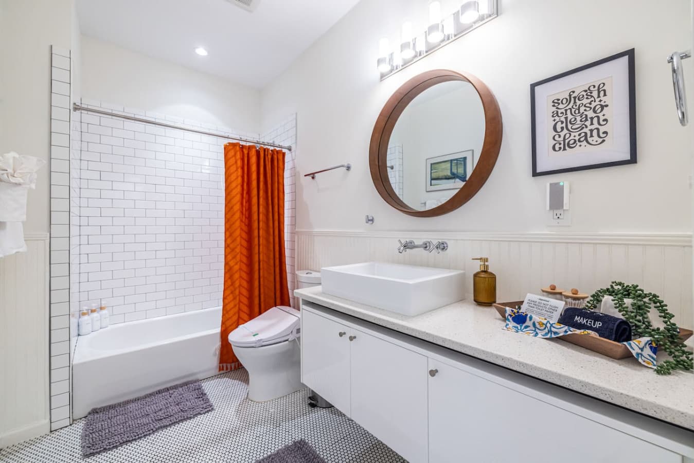 Bright, clean bathroom with modern touches and a refreshing feel.