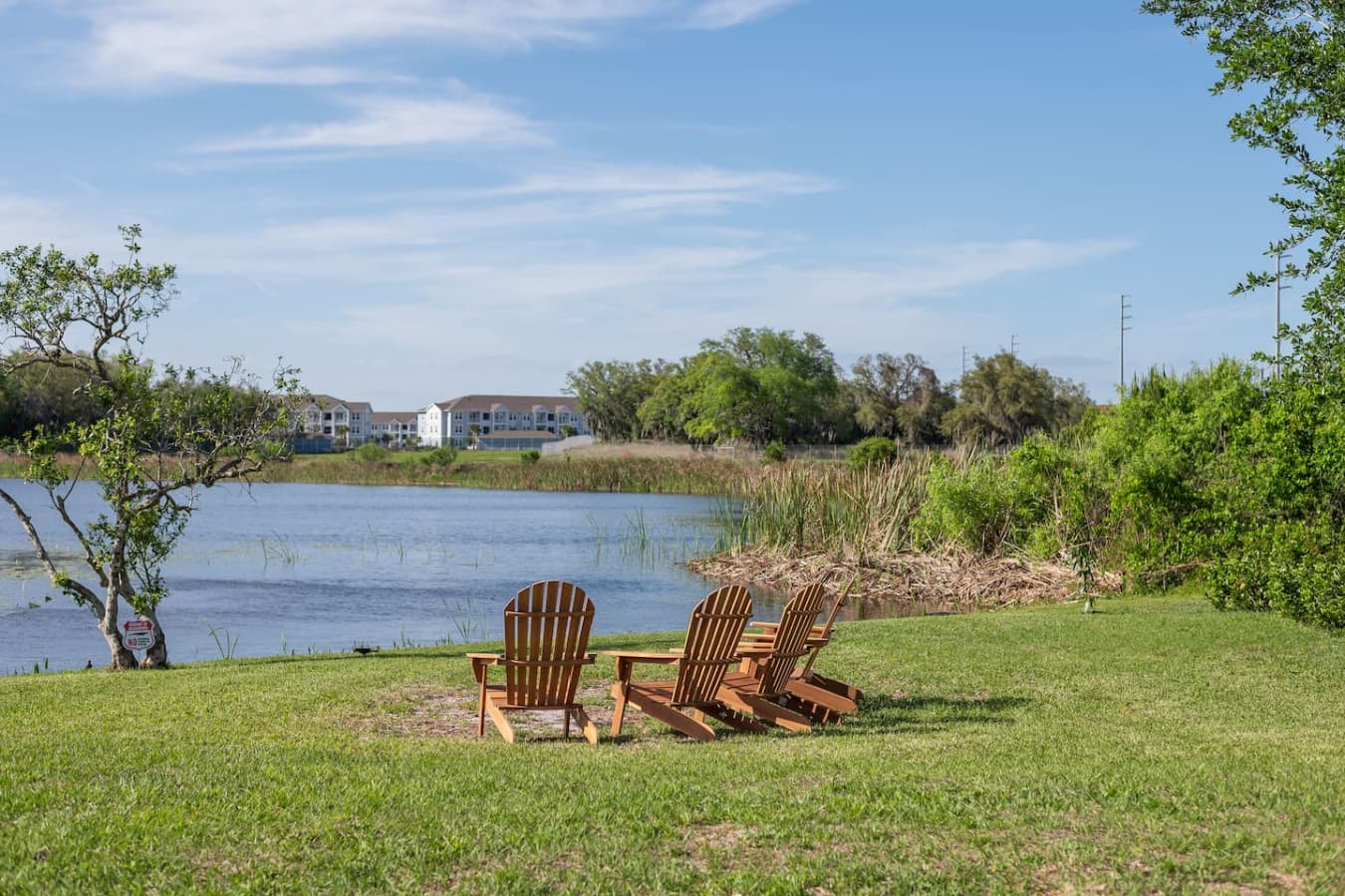 Backyard retreat with Adirondack chairs and peaceful lake views — for admiring only, not access.