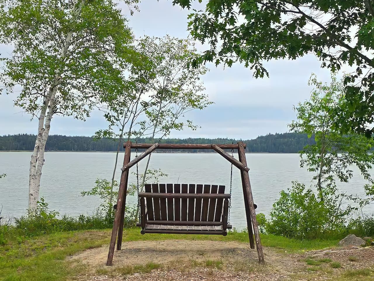 A rustic wooden swing faces the calm waters of the bay, framed by leafy trees and soft grass. It’s the perfect spot to sit back, sway gently, and take in the peaceful rhythm of nature.