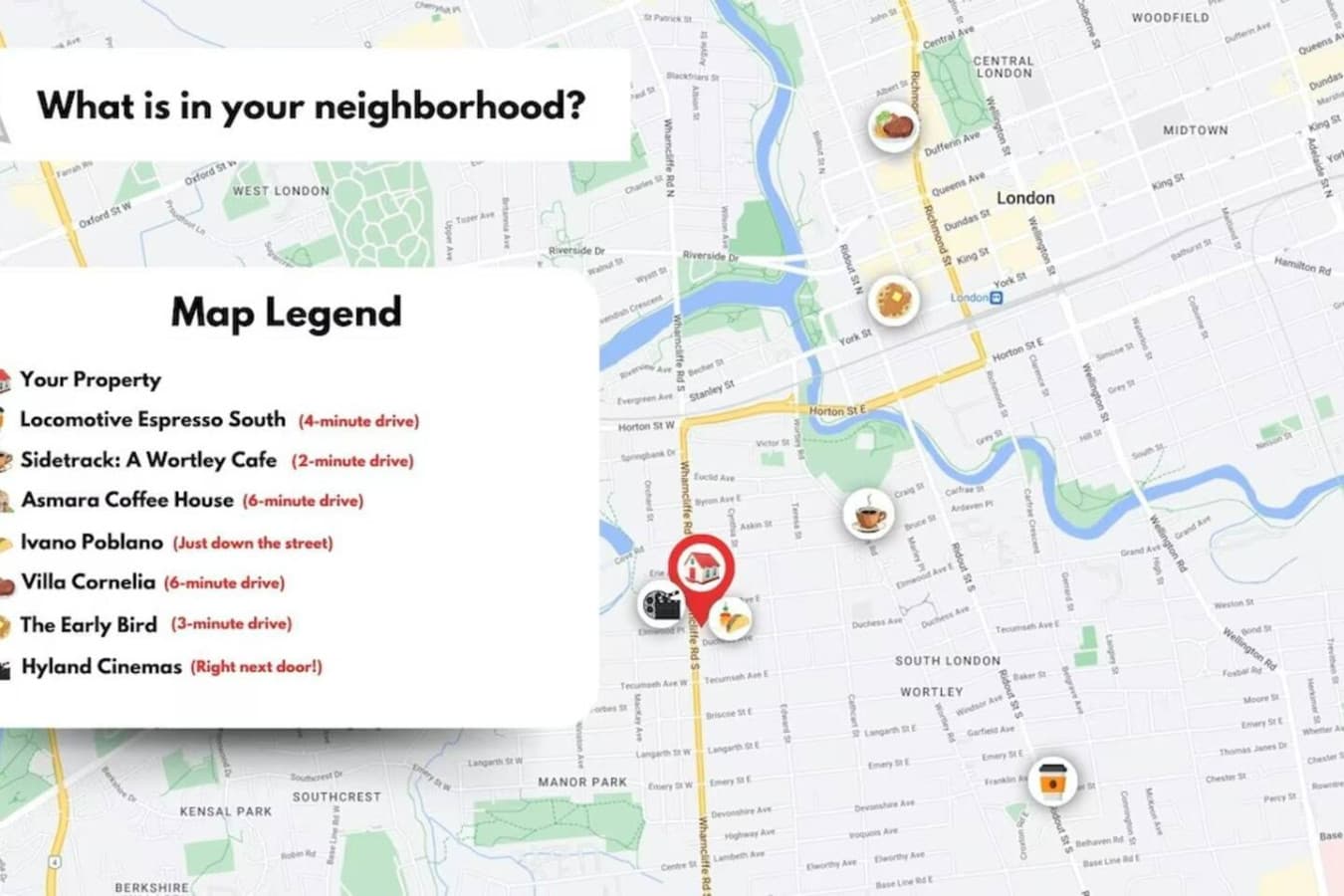 Nearby cafes, shops, and restaurants around the neighborhood