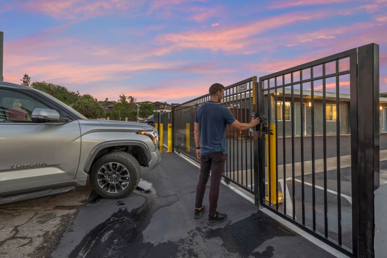 our vehicle is safe in our spacious parking area, protected by a sturdy fence.