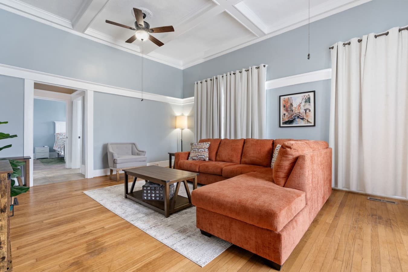 Living room welcomes you with soft light and space to unwind between Birmingham adventures.