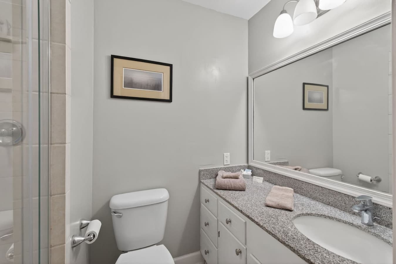 Clean and functional, ready for unwinding or quick get-ready moments.