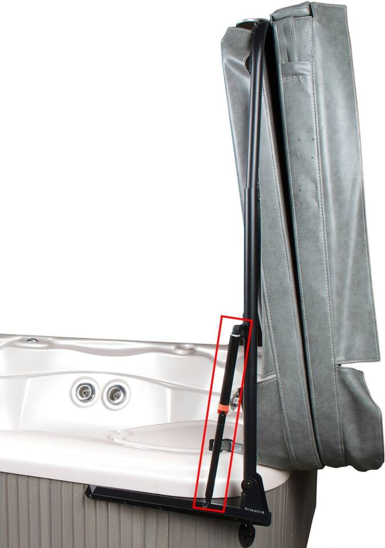 To close the cover from inside the spa, press on the orange button on the locking shock and pull the cover down to the sides of the spa. The cover will not close if the locking shock is not disengaged and cover lift damage can occur.