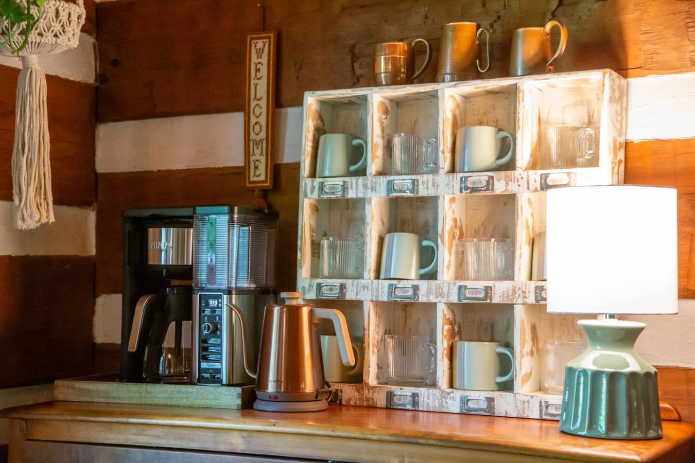 Cabin on the Haw: The cabin’s coffee station, serving warmth and good vibes all day long.