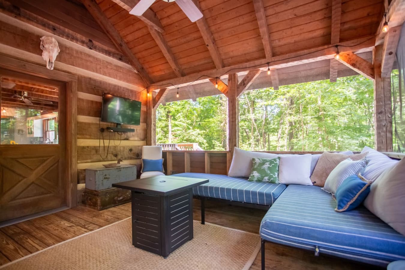 Cabin on the Haw: A screened porch retreat where nature meets modern comfort and entertainment.