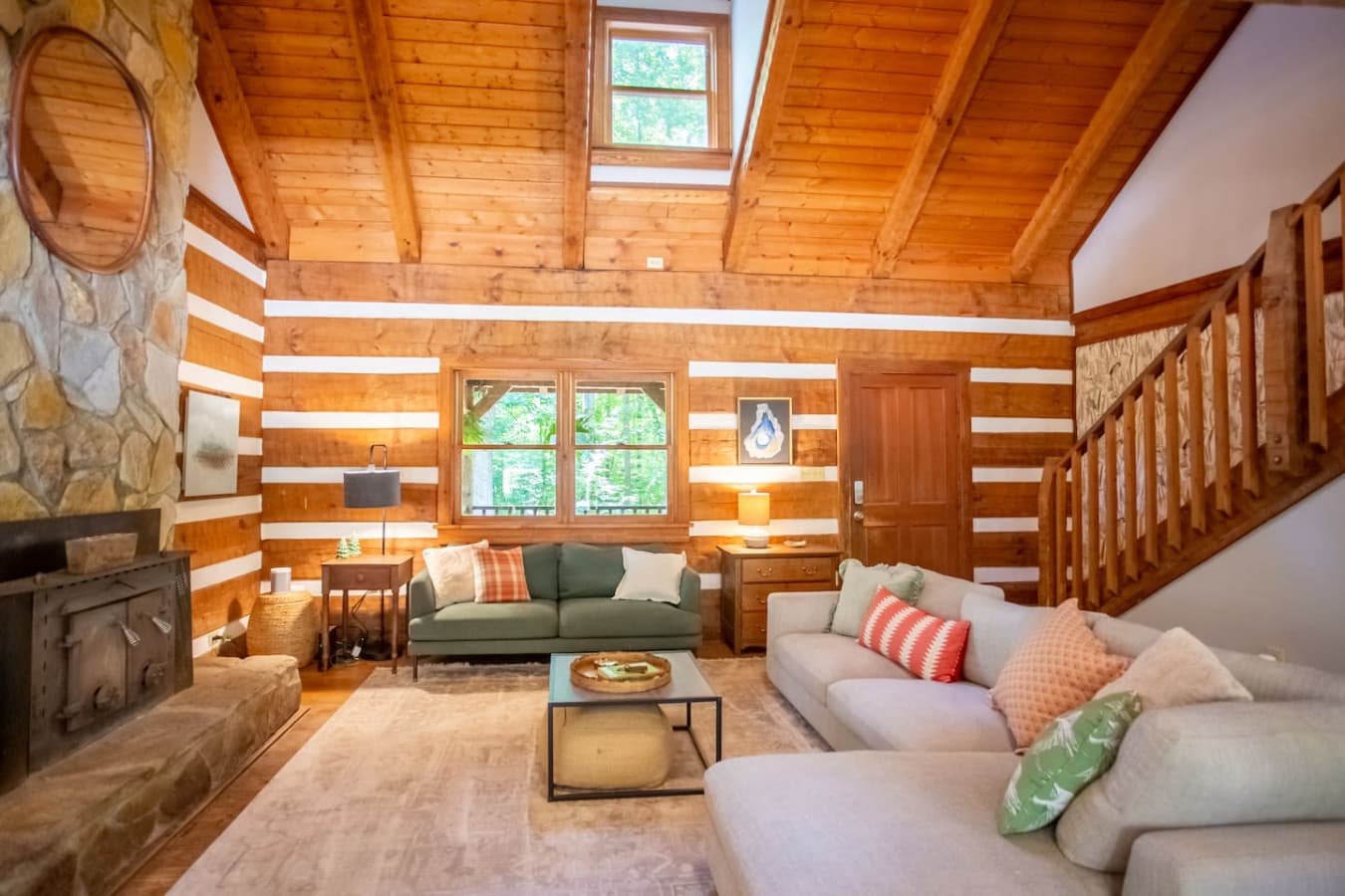 Cabin on the Haw: Plenty of seating, warm wood tones, and a soothing atmosphere to embrace.
