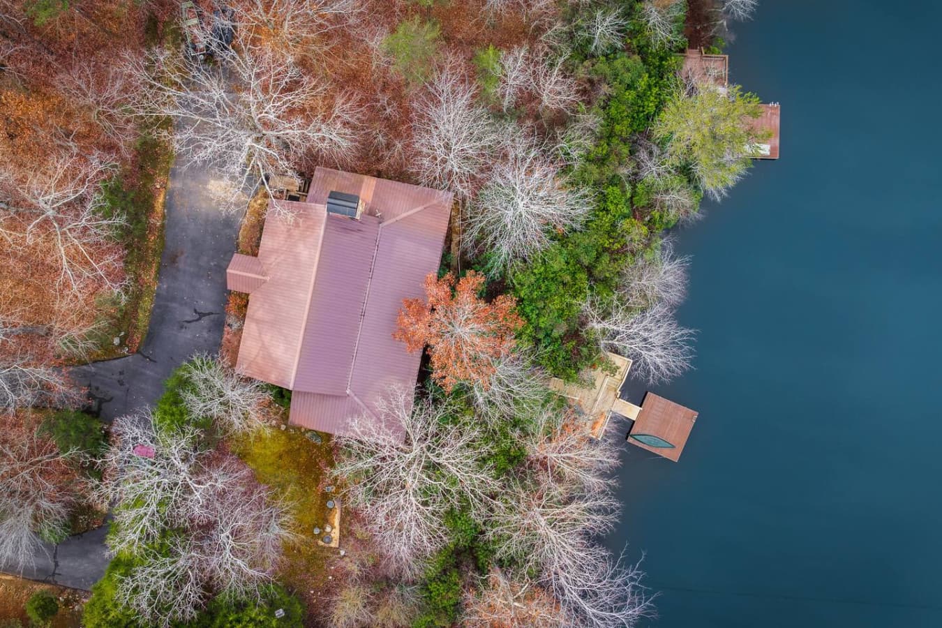 Aerial view of Lahusage Landing, nestled on the banks of Lake Lahusage and the East Fork of the Little River.