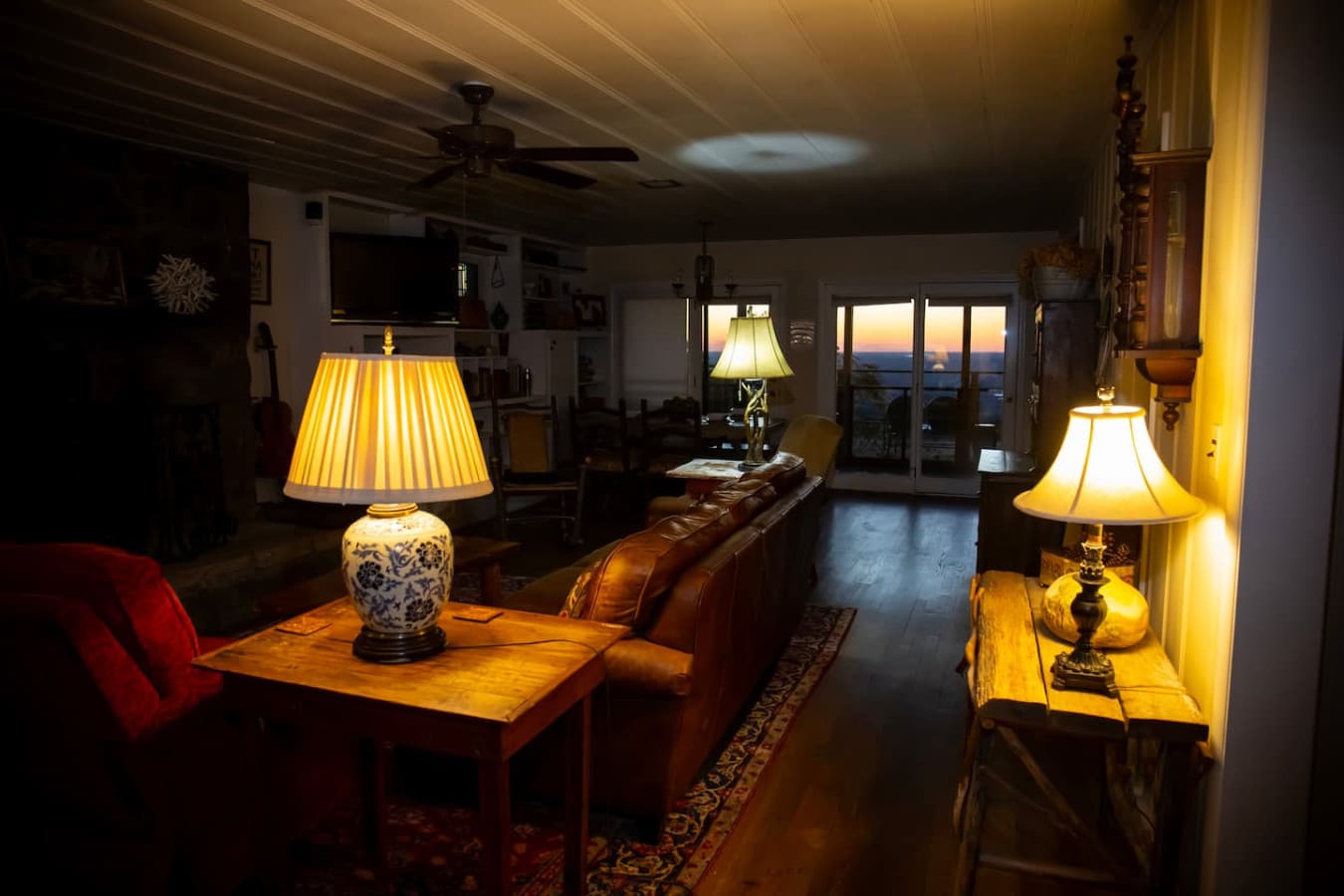 Serene sunset views from living area and kitchen.