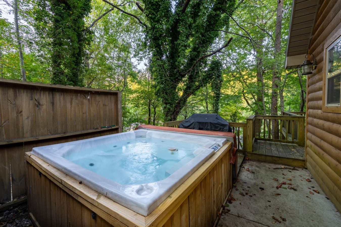 Hot tub to the left side of the home with privacy screens.