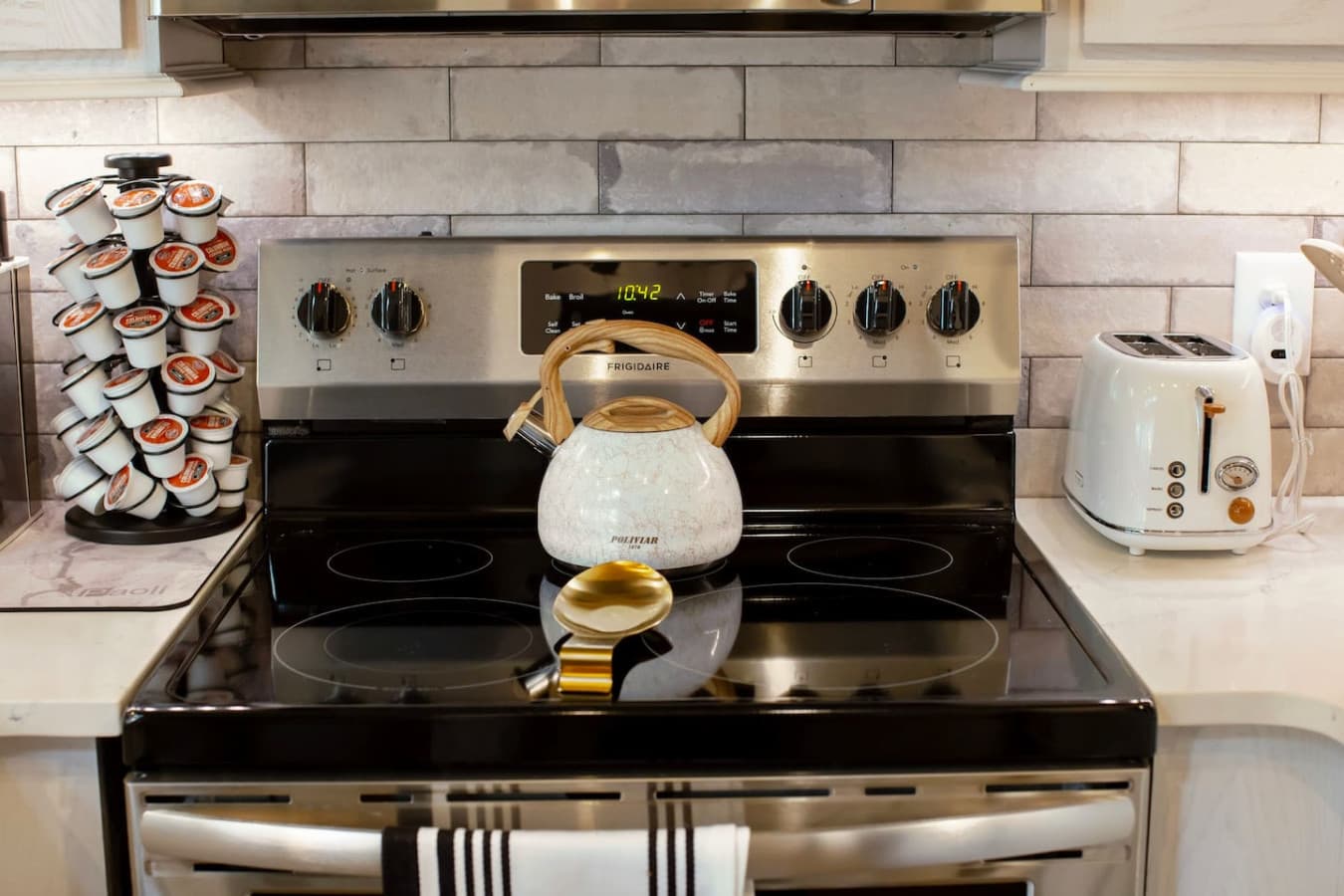 Tea kettle, coffee and a toaster are a few amenities