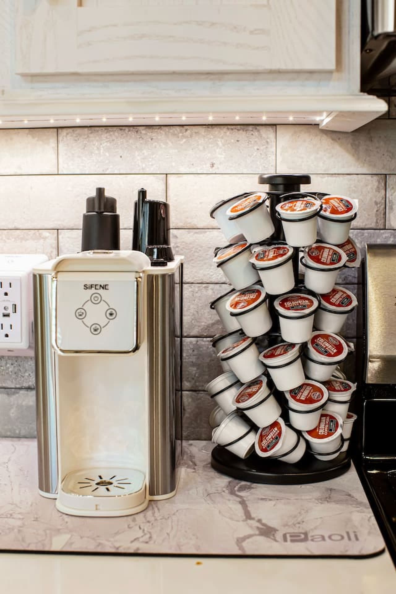 Freshly brewed mornings await with your coffee storage tower and maker.
