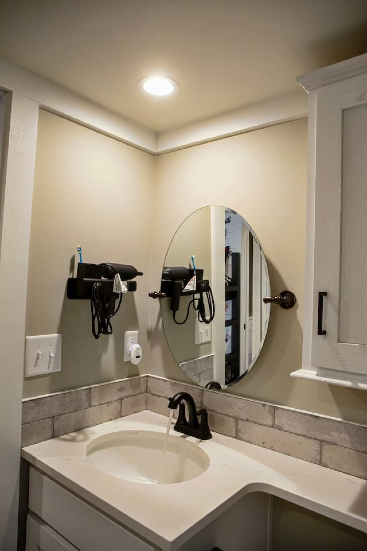 Bright and functional bathroom vanity.