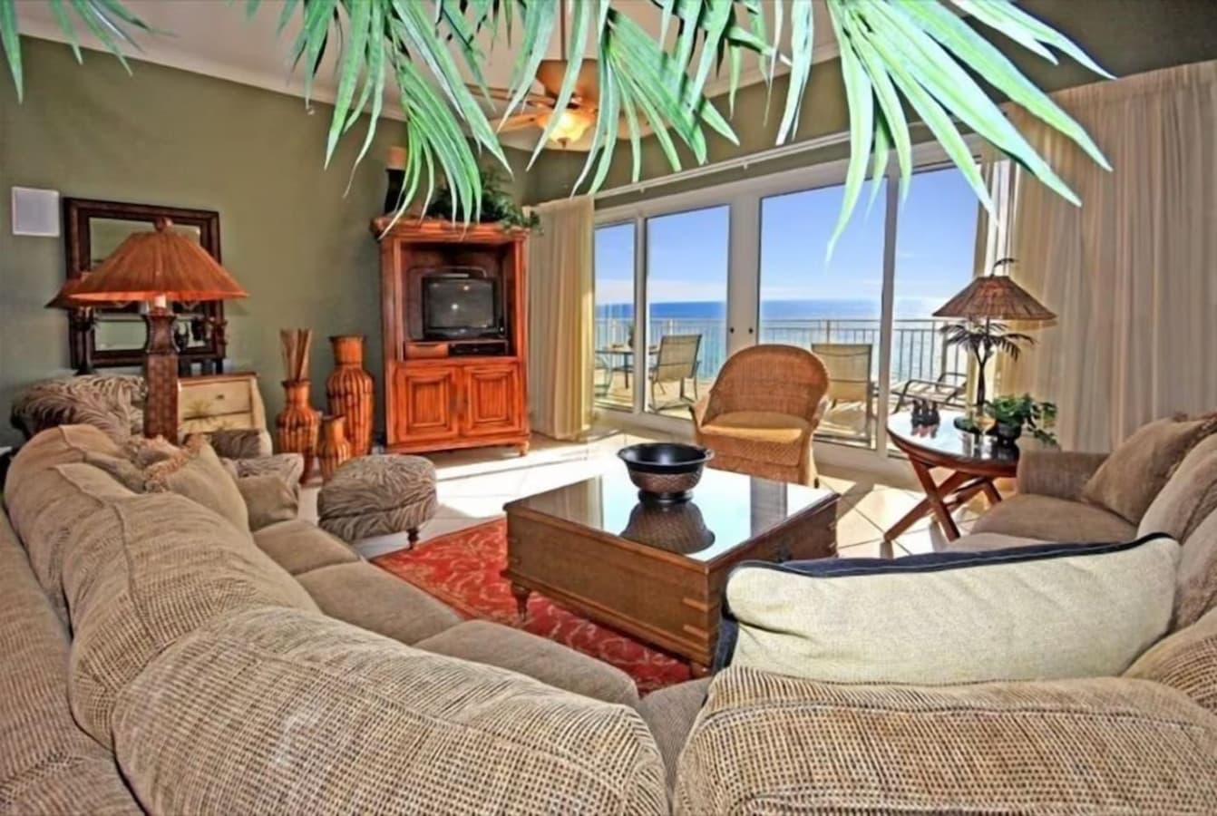 The heart of the condo, where you can relax, watch TV, or stretch out on the sofa bed.