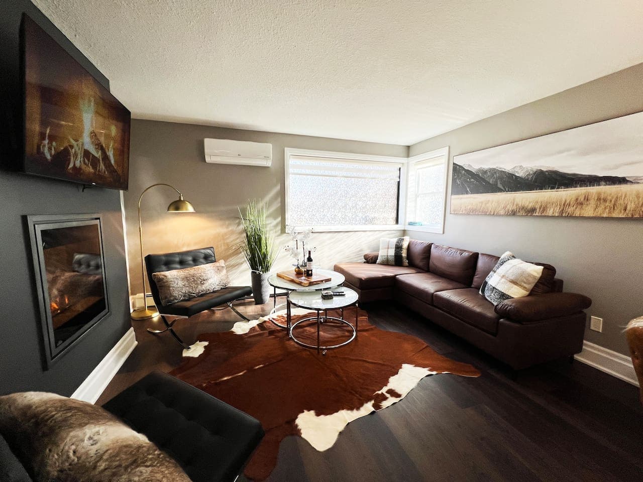 Cozy and stylish space to relax in, with some modern cow design and dark colors.