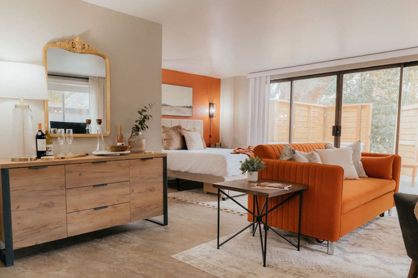 A bright, open space to relax and recharge. Sofa is a sofa bed.