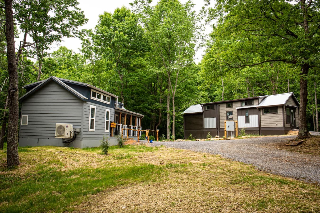 Shows the proximity between The Whimsical Waterfall Cottage and its neighboring home, The Crooked Tree Cabin.
