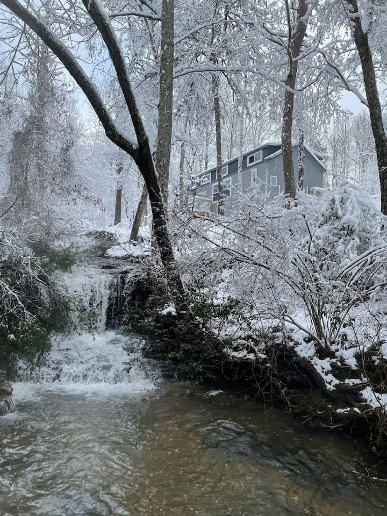 A beautiful snow day at the farm, blanketing Blueberry Falls in a peaceful winter scene.