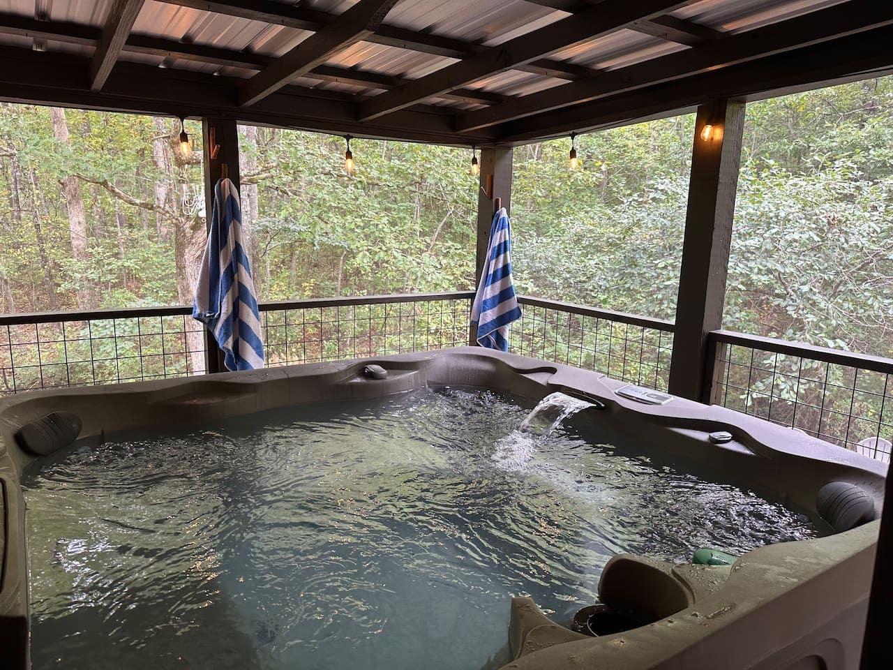 The screened-in porch features a private hot tub—perfect for relaxing with creekside views, available for a $50 fee.