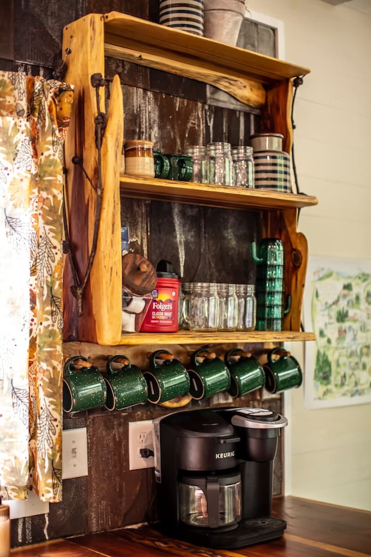 The coffee nook is stocked with coffee grounds, K-Cups, and assorted teas for your enjoyment.