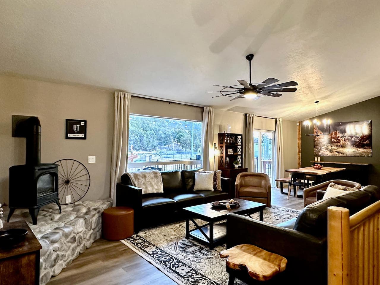 Warm up and unwind by the inviting fireplace in our living area, perfect for cozy evenings in after a day of exploring southern Utah's natural beauty.