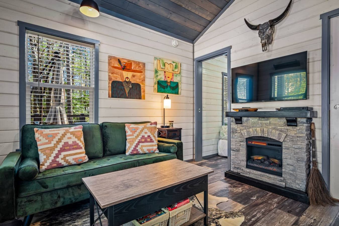Unwind on the sofa with a movie, warm up by the electric fireplace, and enjoy a quiet evening in.