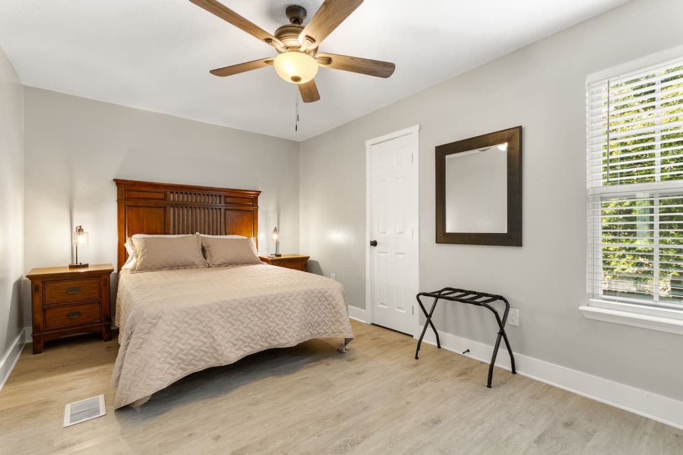 A cozy queen-sized bed awaits, perfect for a good night's sleep after a day of adventure.