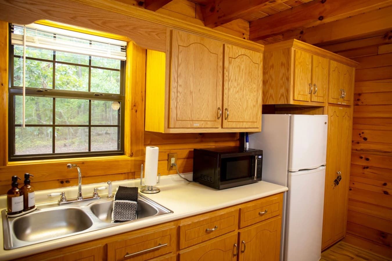 Double sink, countertop microwave, fridge with ice cube trays, and essentials like paper towels, dish soap, and a sponge provided for your convenience.