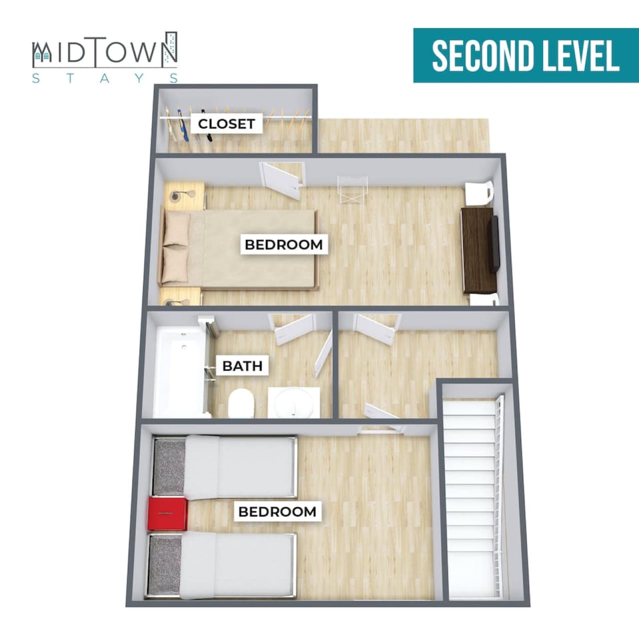 A detailed look at the space with our floor plan, including the second floor. Please note: Furniture arrangements may vary