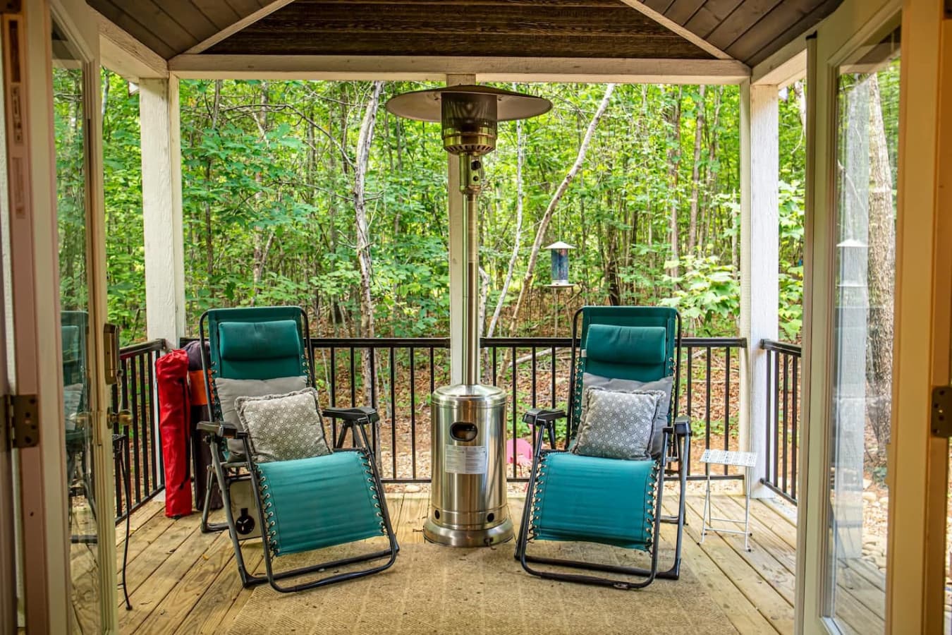 A propane heater makes the porch comfortable year-round—perfect for relaxing and watching deer, birds, and other local wildlife.