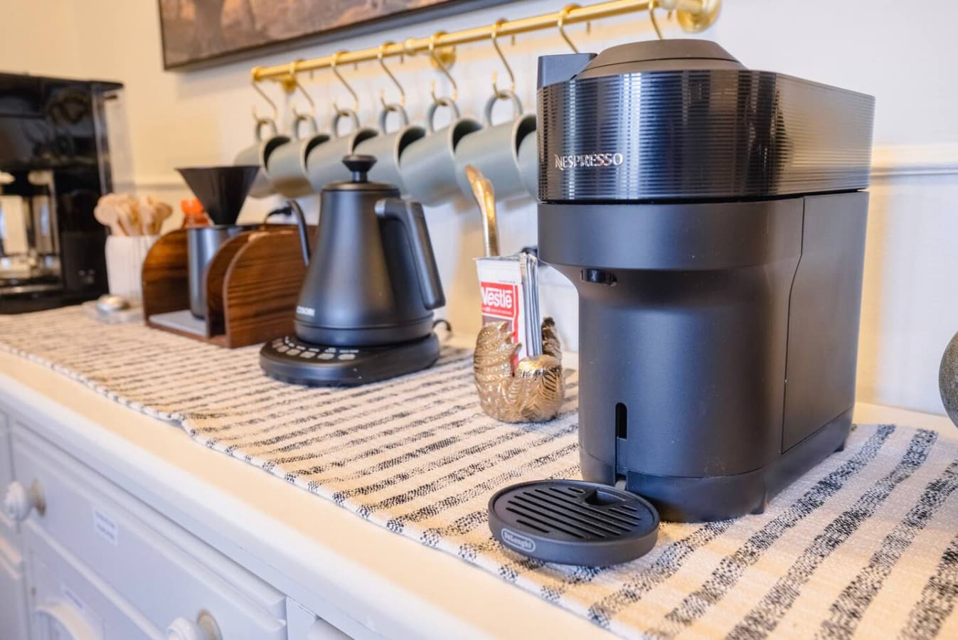 Coffee and tea station ready on arrival.