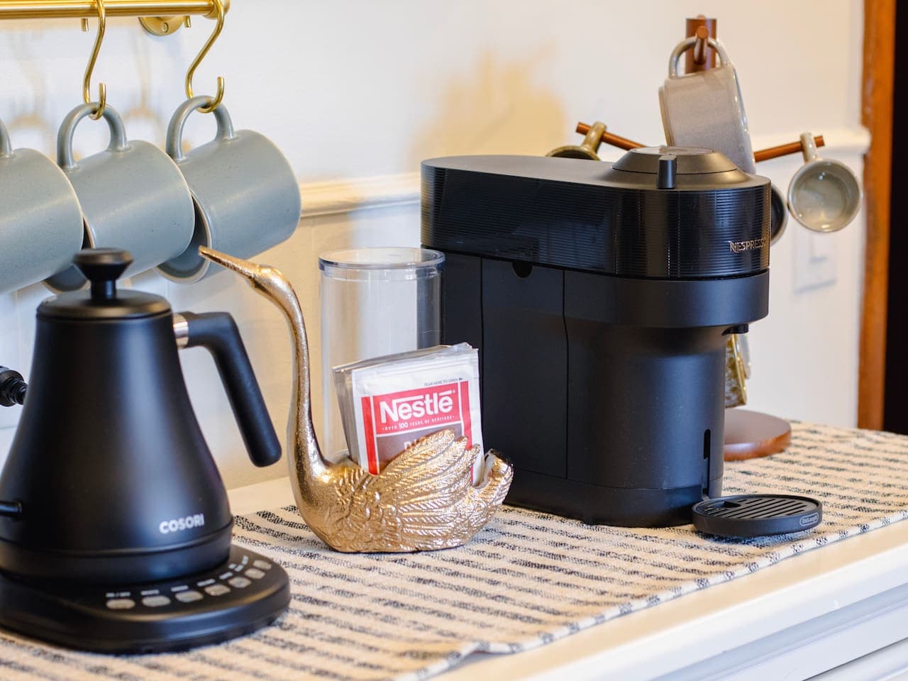 Coffee and tea station ready on arrival.