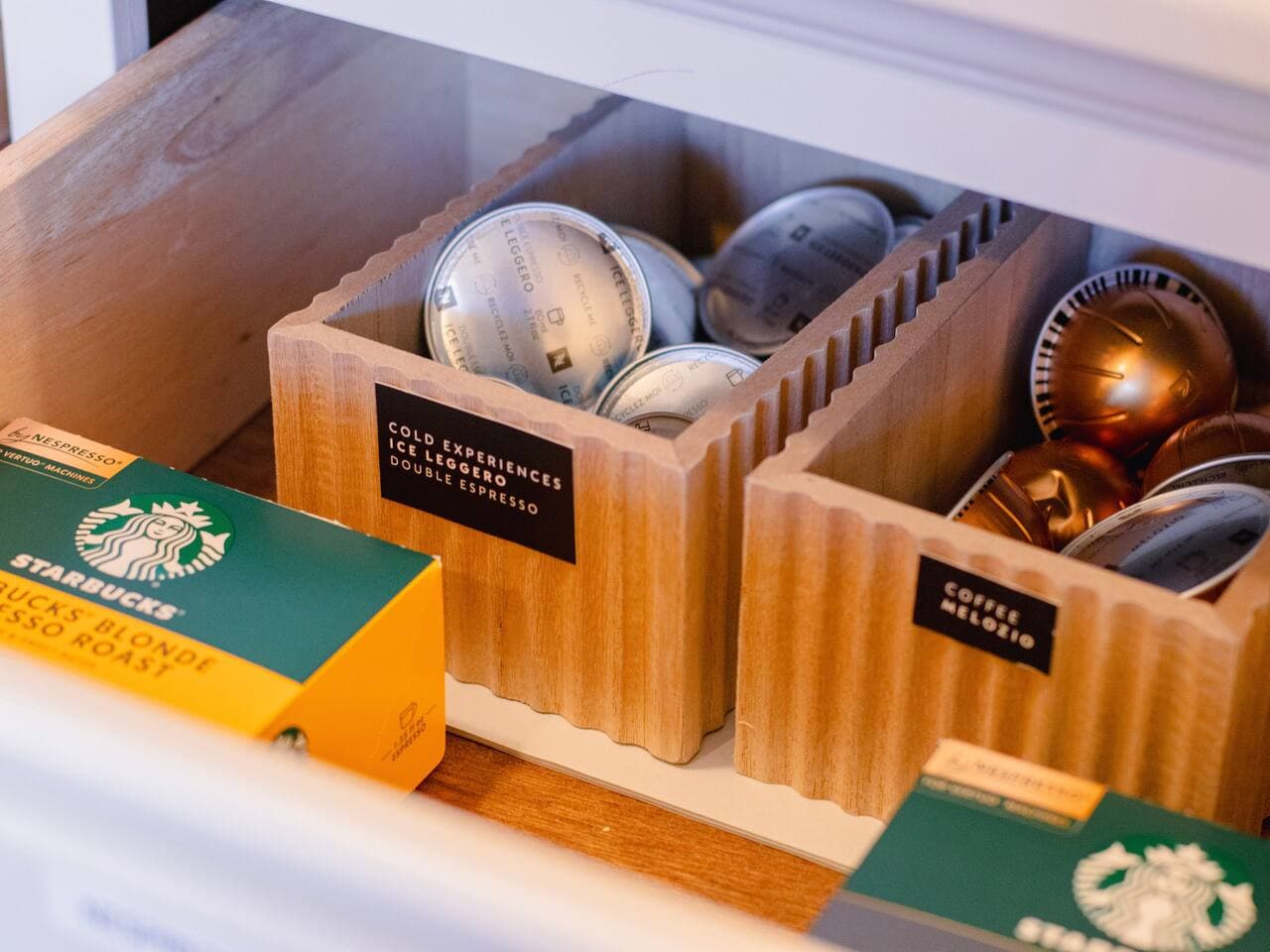 Coffee pods and tea provided for convenience.