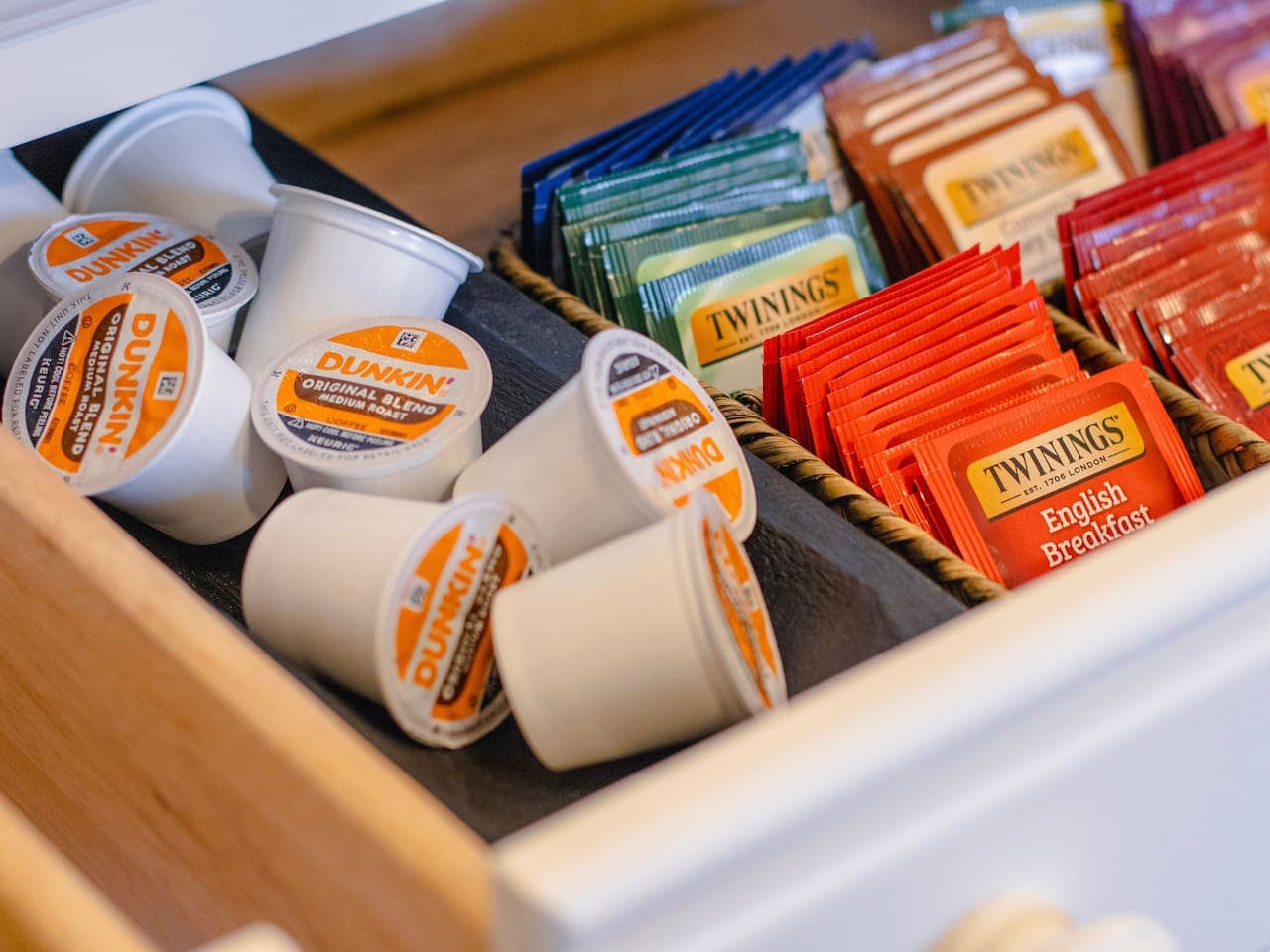Coffee pods and tea provided for convenience.