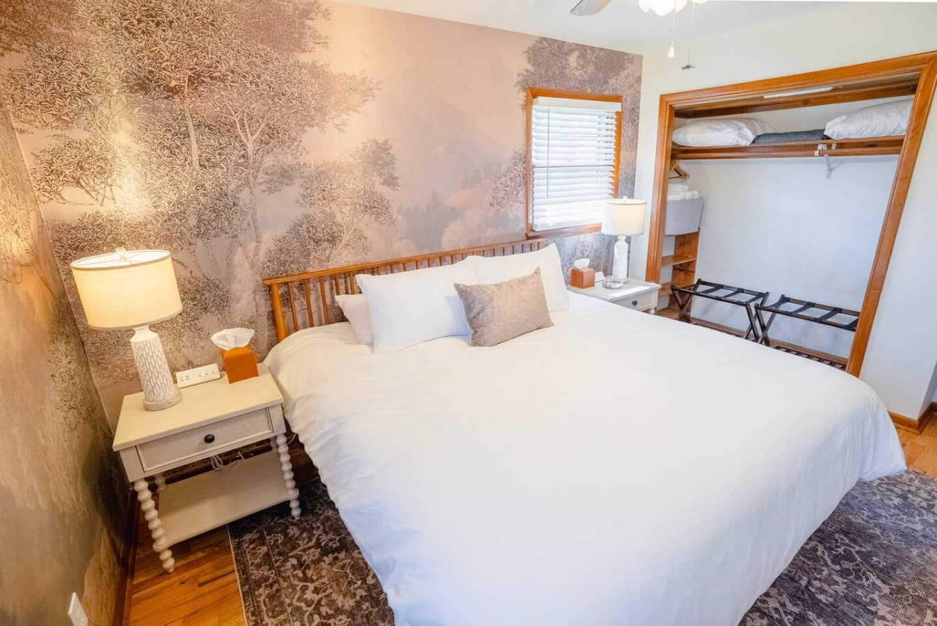 Bedroom with a King bed and neutral layout that works well for any type of traveler.