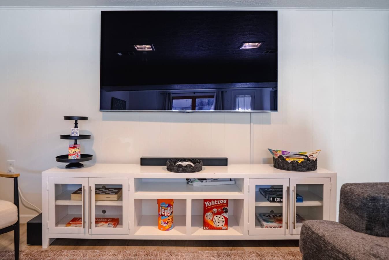 Big screen, games, good company, and zero plans to leave.
